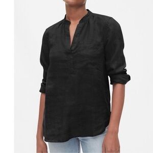 Gap Linen Top Womens Small Black Long Sleeve Pocket Popover Lagenlook Tunic